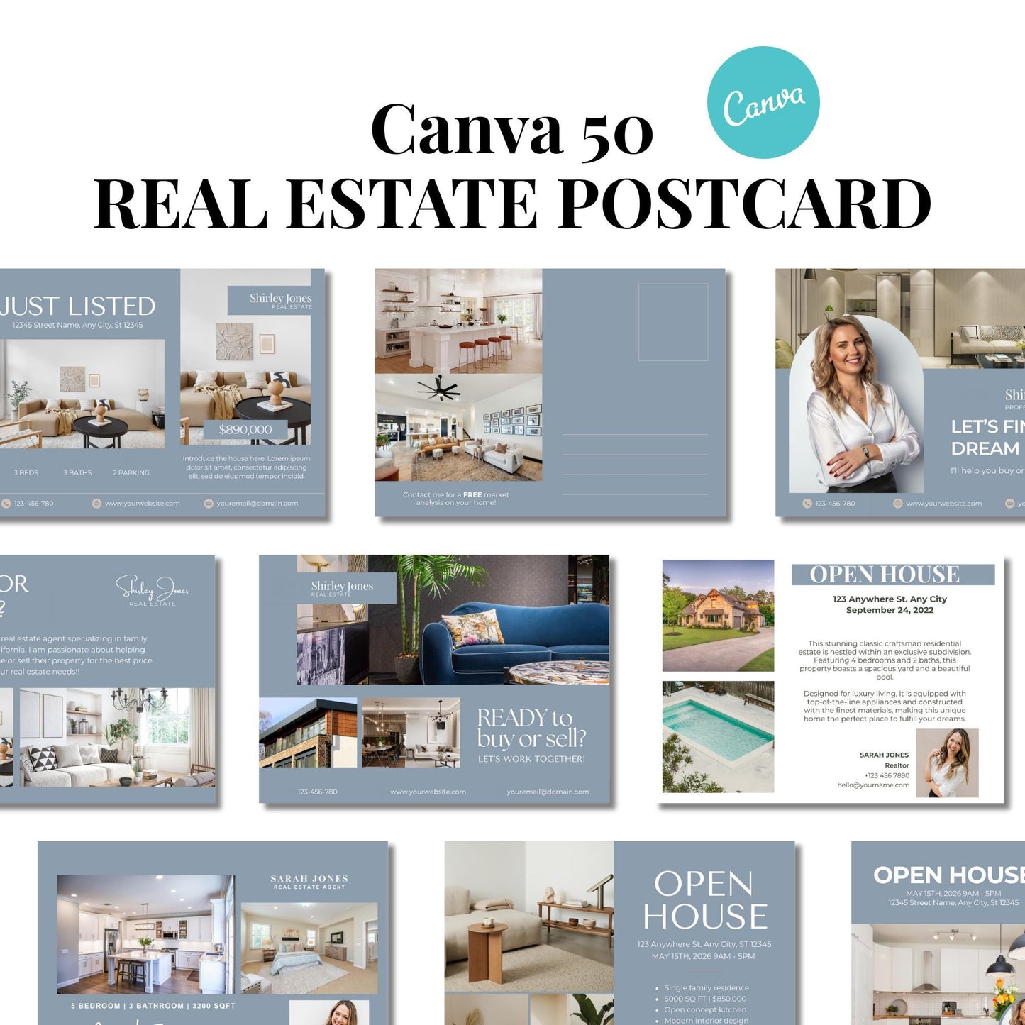 Real Estate Agent Postcard Templates 50 Dusty Color editable Postcards, Just Listed, Hello Neighbor, Open House, Realtor lead Marketing