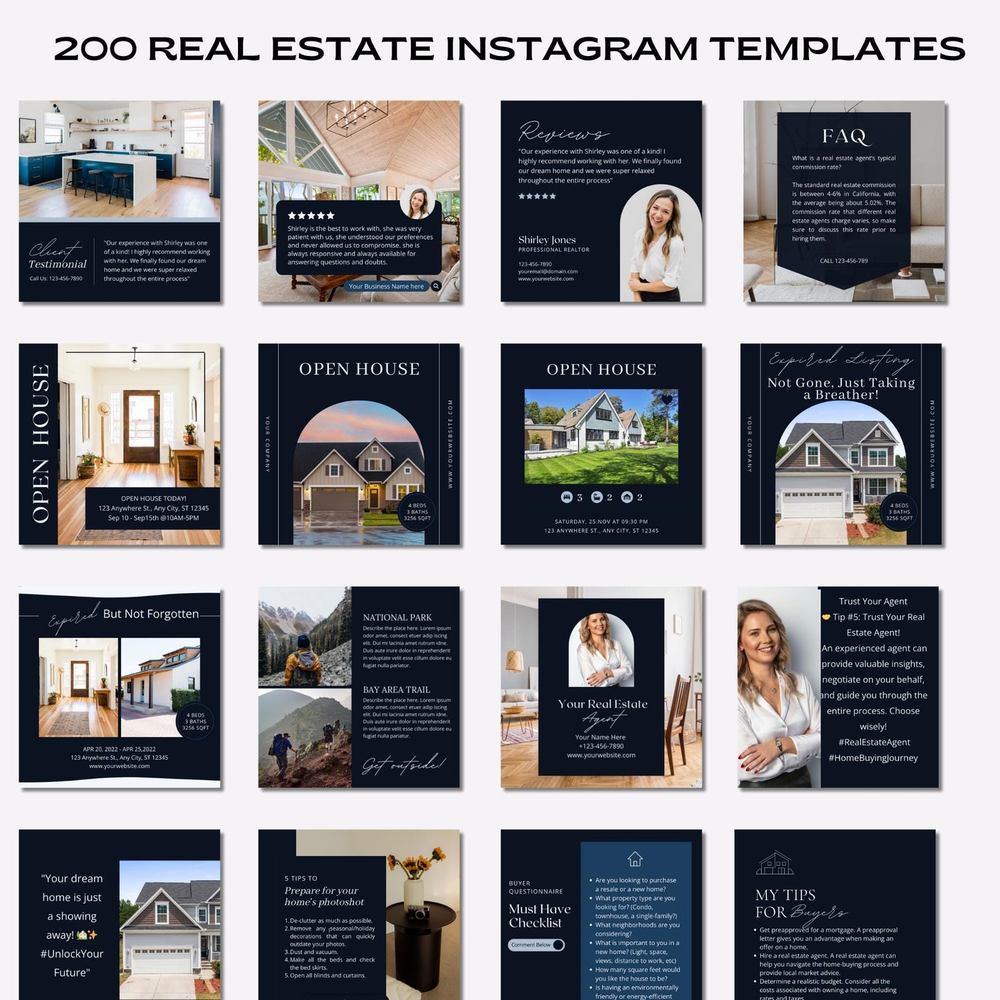 Instagram Post Templates For Real Estate, 200 Social Media Post Includes: Open House Expired Listing Under Contract Q & A Tips Just Listed