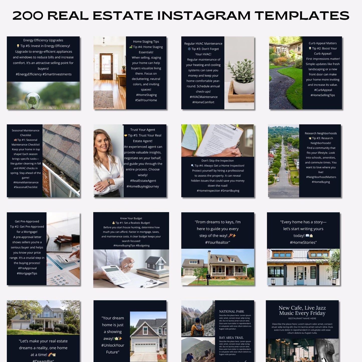 Instagram Post Templates For Real Estate, 200 Social Media Post Includes: Open House Expired Listing Under Contract Q & A Tips Just Listed