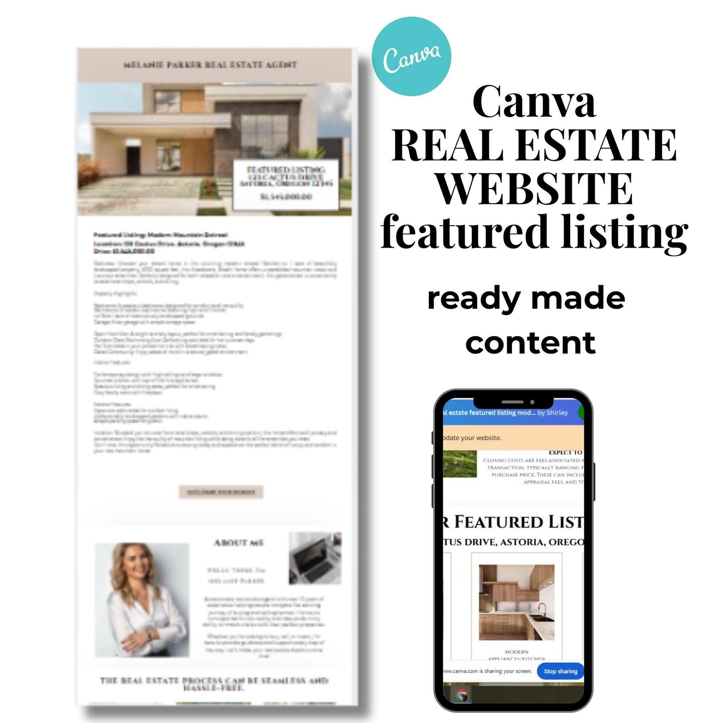 Featured Listing Real Estate Canva Website Template, Landing Page, Lead Magnet, Modern Real Estate Agent Website Template, Instagram,