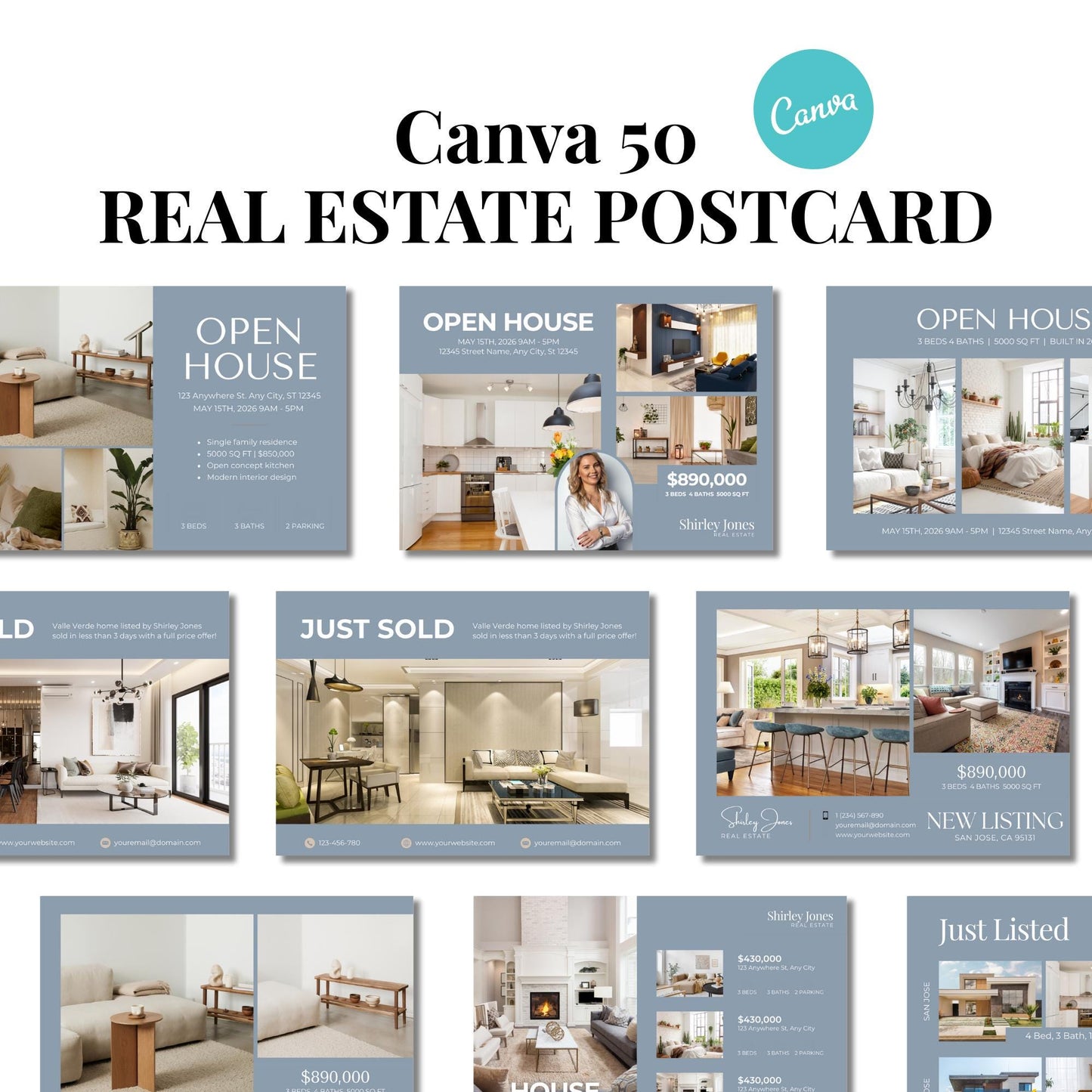 Real Estate Agent Postcard Templates 50 Dusty Color editable Postcards, Just Listed, Hello Neighbor, Open House, Realtor lead Marketing