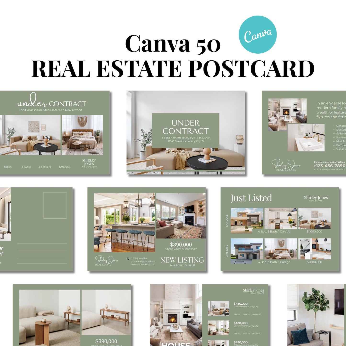 Real Estate Postcard Templates 50 Sage Green editable Postcards, Just Listed, Hello Neighbor, Open House, Realtor  Marketing Farming
