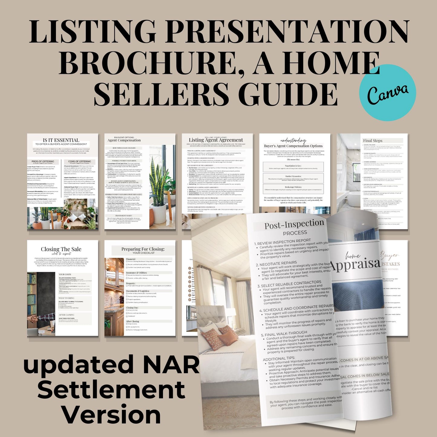 Listing Presentation 43 Pages Template, NAR Settlement Real Estate Marketing, Real Estate Canva Template, Listing Brochure, Sellers Guide